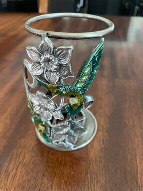 "WF Pewter Tealight/Votive Hummingbird Candle Holder with Green Coloring 4.75"